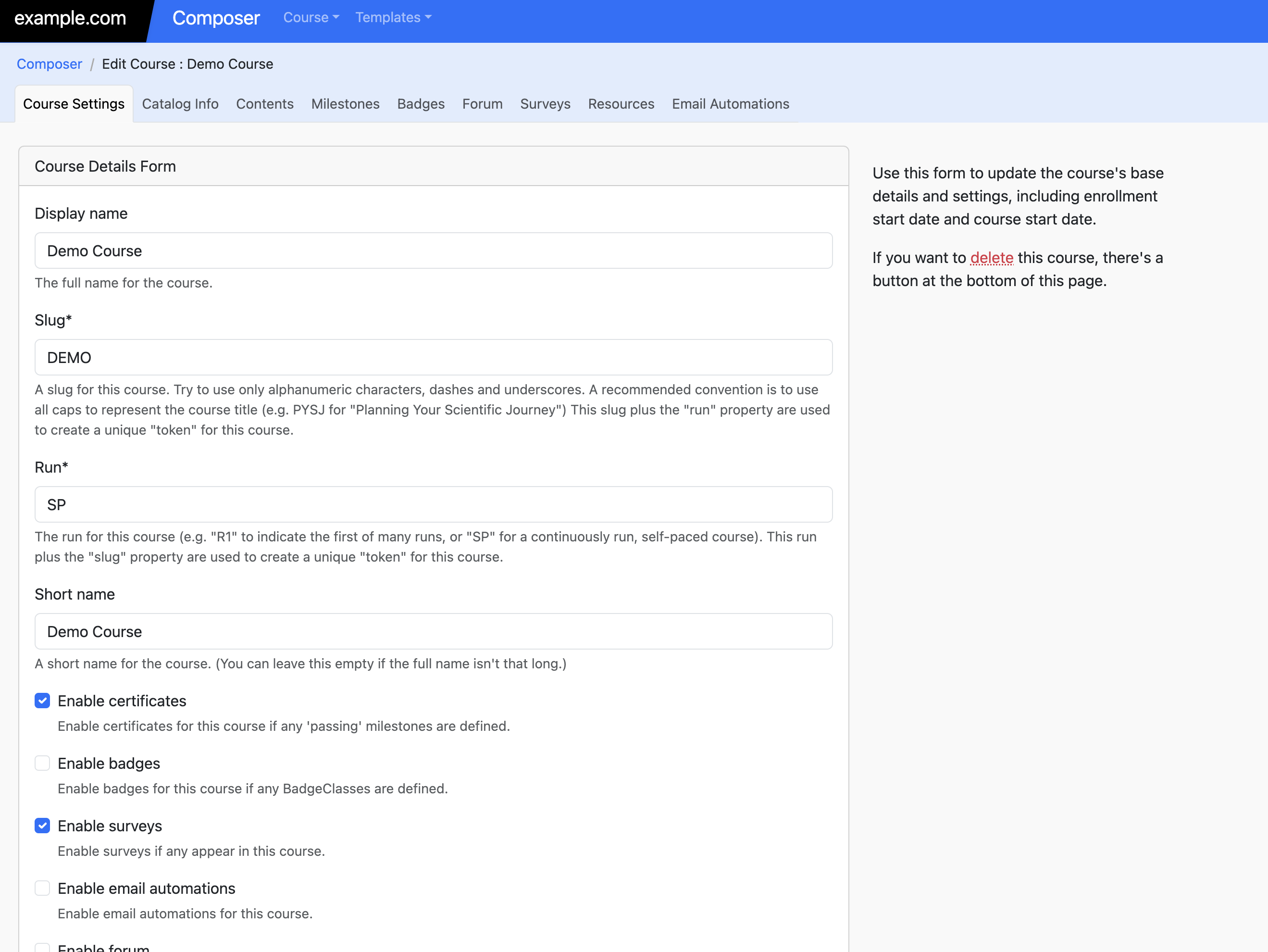 Screenshot of composer course settings page