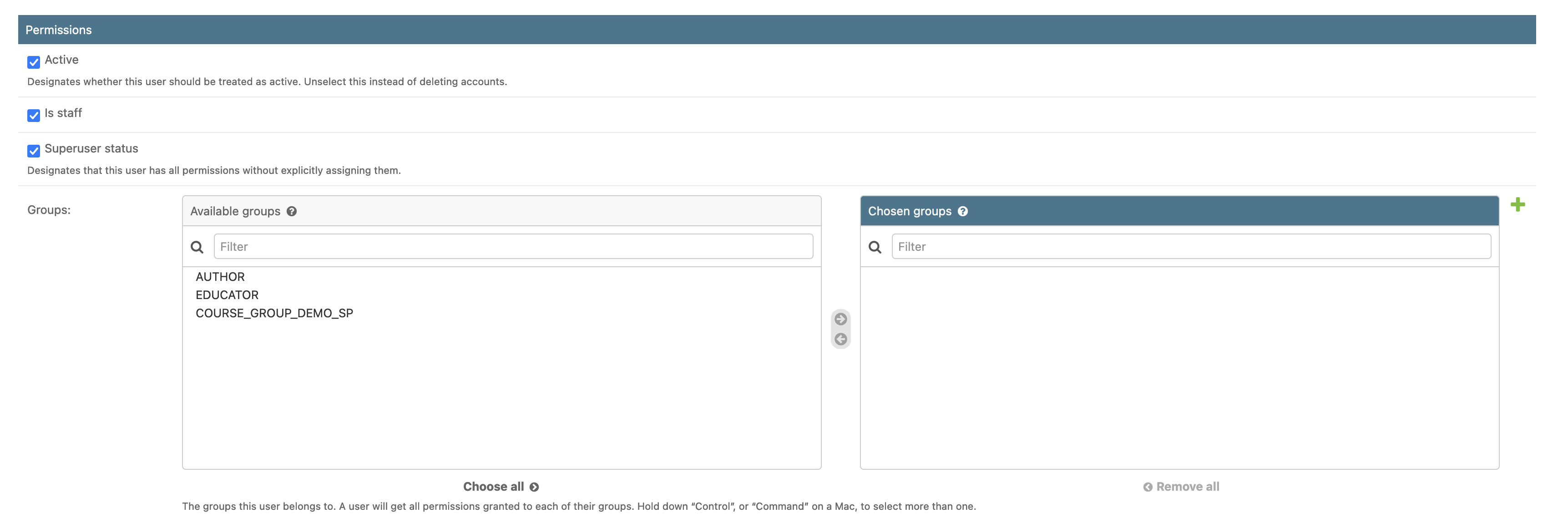 Edit user screenshot from Django admin panel