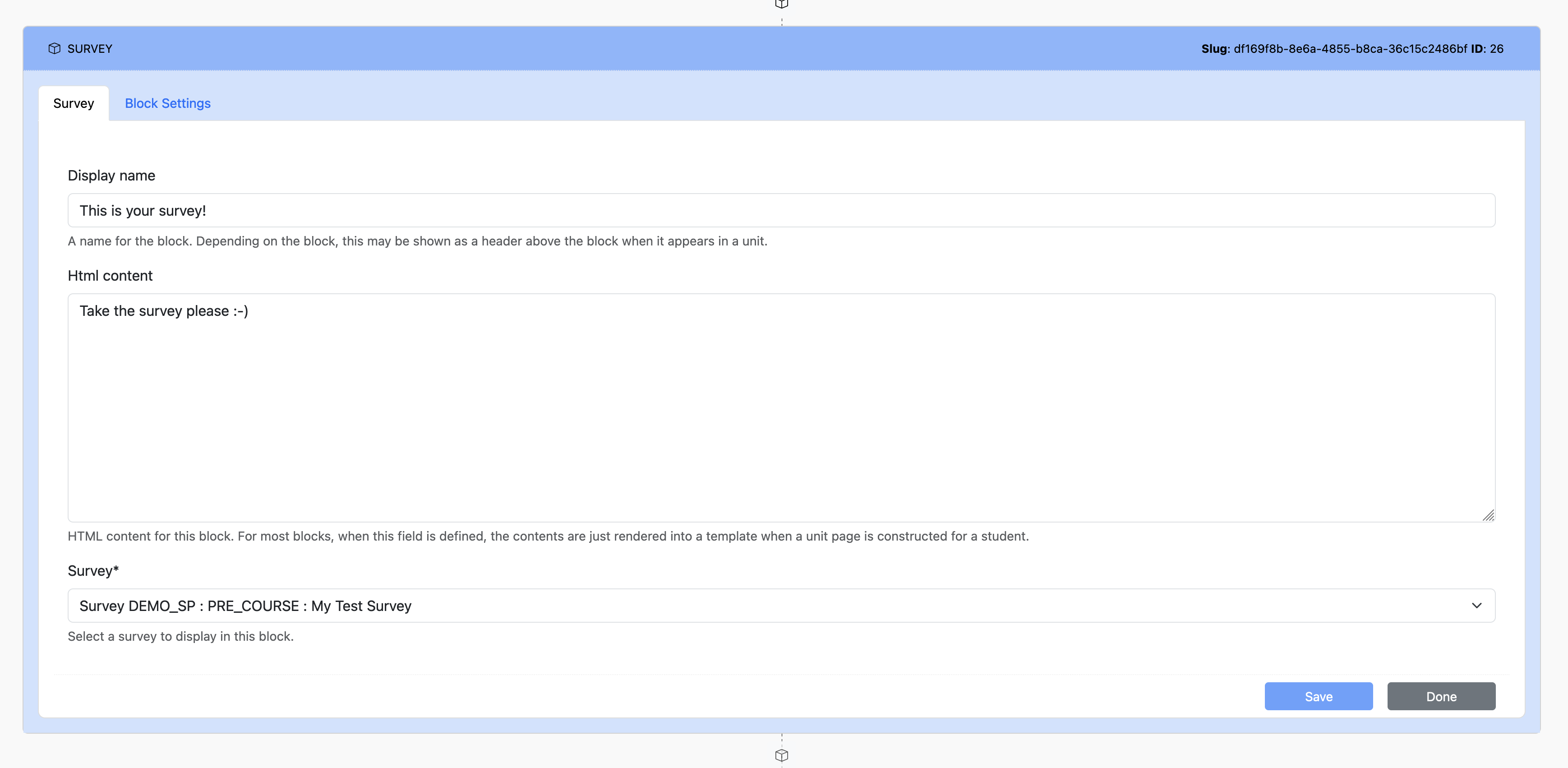 Image of the edit survey block panel