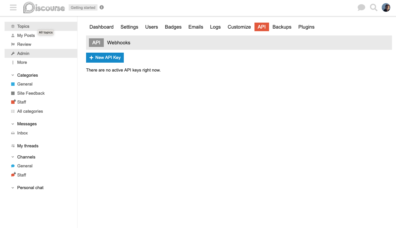 Screenshot of Discourse screen for creating API Key