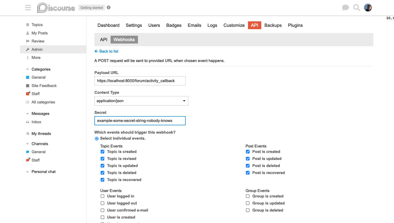 Screenshot of Discourse screen for creating a webhook